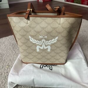Authentic MCM mini cream and brown tote bag with Monogram Pattern
